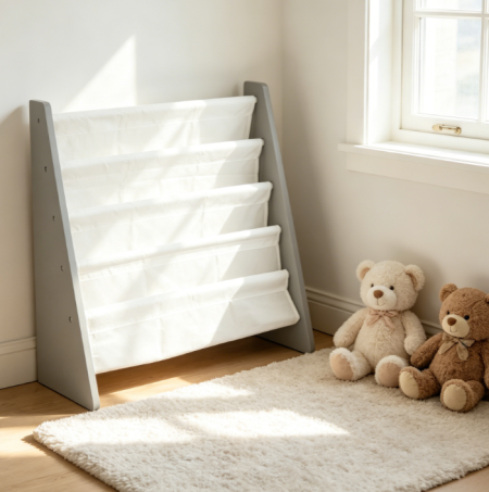 4-Tier Front-Facing Kids Bookshelf, Grey Wood and White – Book Display Organiser for Playroom, Bedroom, and Reading Corner